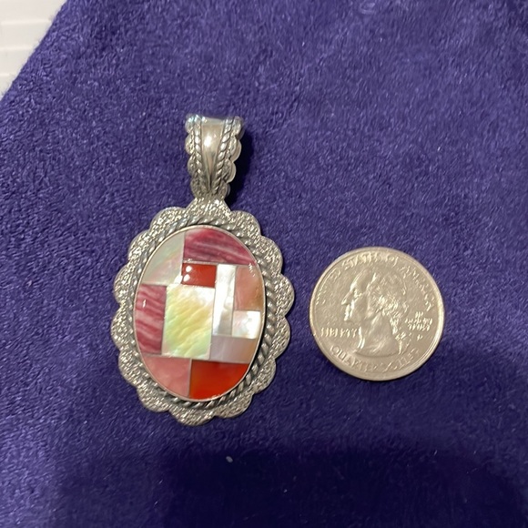 HP💕 Pollack Relios Sterling Silver 925 Multi-Stone Inlay Pendant Vintage - Picture 3 of 14